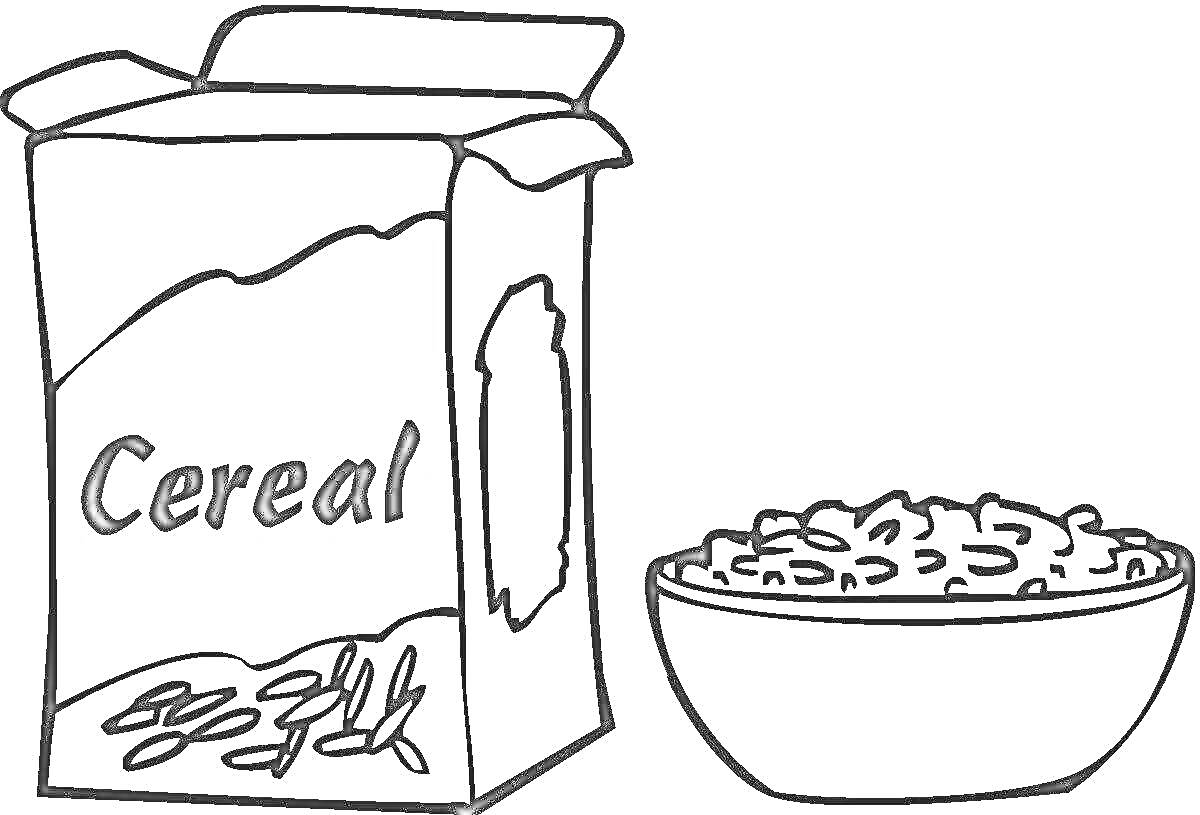 На раскраске изображено: Хлопья, Коробка, Миска, Еда, Завтрак, Контурные рисунки