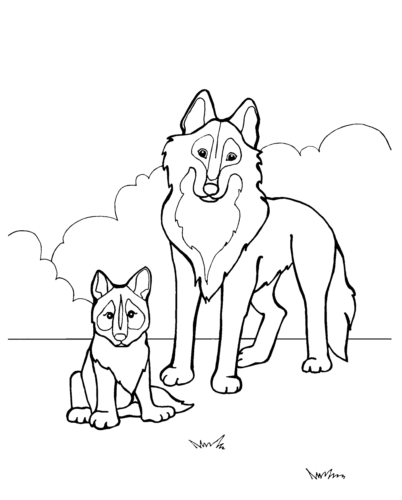 Раскраска Волк и волчонок на фоне облаков