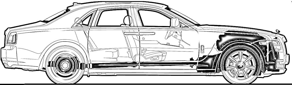 Раскраска Контур автомобиля Aurus, вид сбоку, с частично прорисованным интерьером и колесами