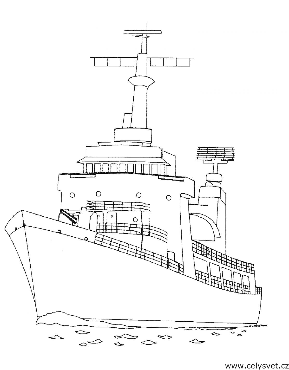 На раскраске изображено: Ледокол, Корабль, Лед, Палуба, Море, Мореплавание