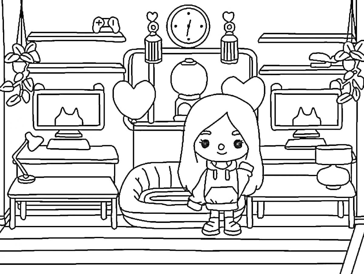 Раскраска Девочка в комнате с двумя рабочими столами, кроватью, будильником, лампой и растениями