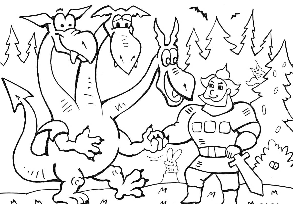 На раскраске изображено: Дракон, Три головы, Богатырь, Меч, Кролик, Деревья, Лес
