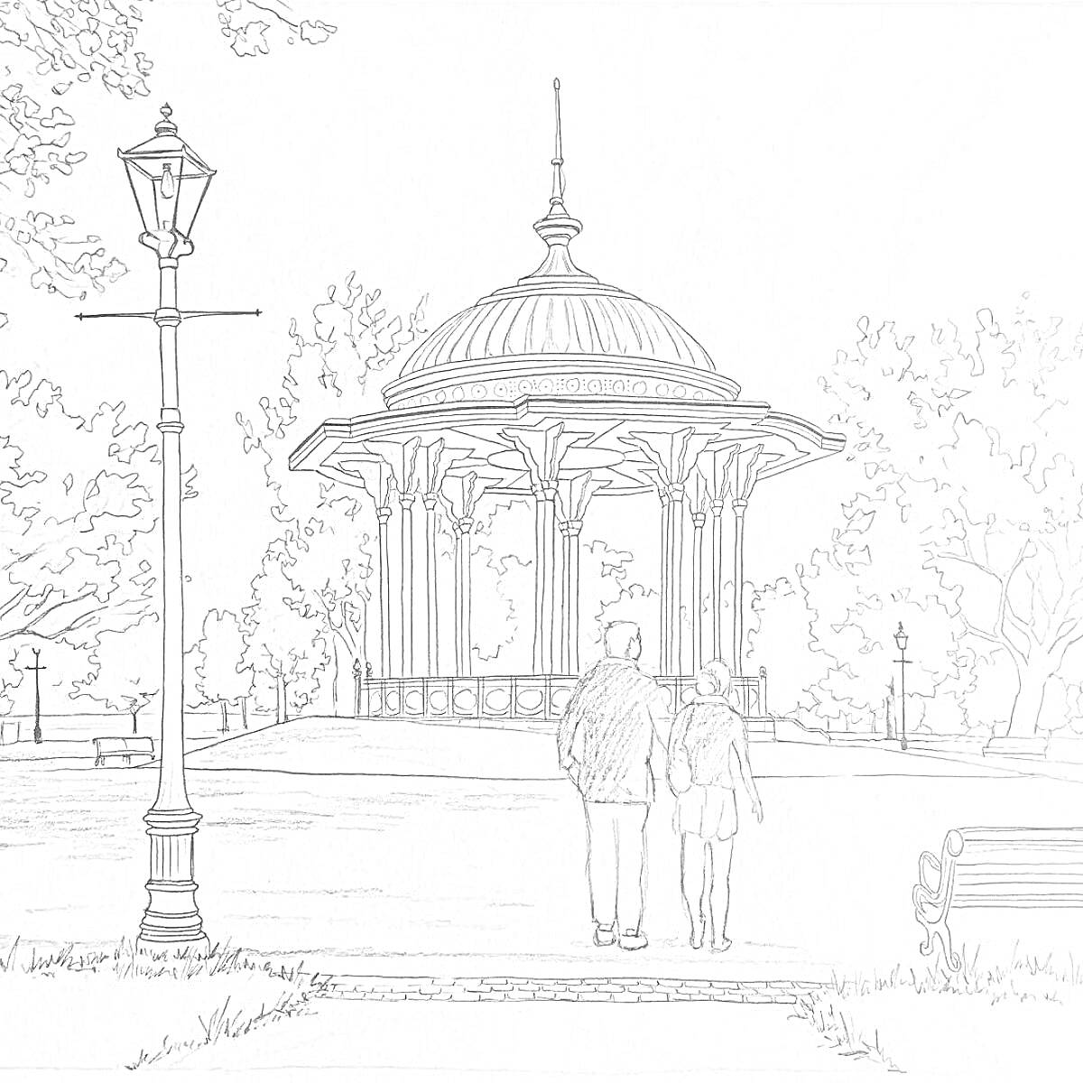 Раскраска Пара, гуляющая в парке с беседкой и фонарным столбом
