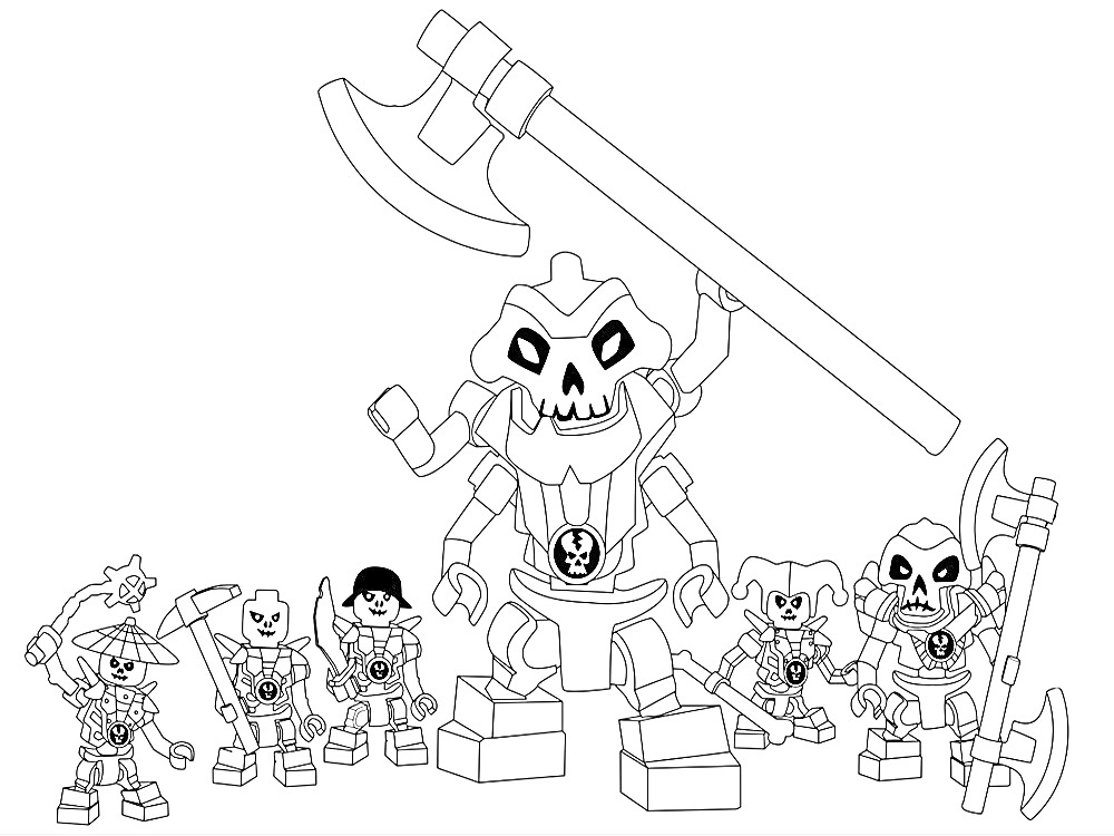 Лего Пираты с фигурками скелетов и крошечного воина, вооружённых различными оружиями