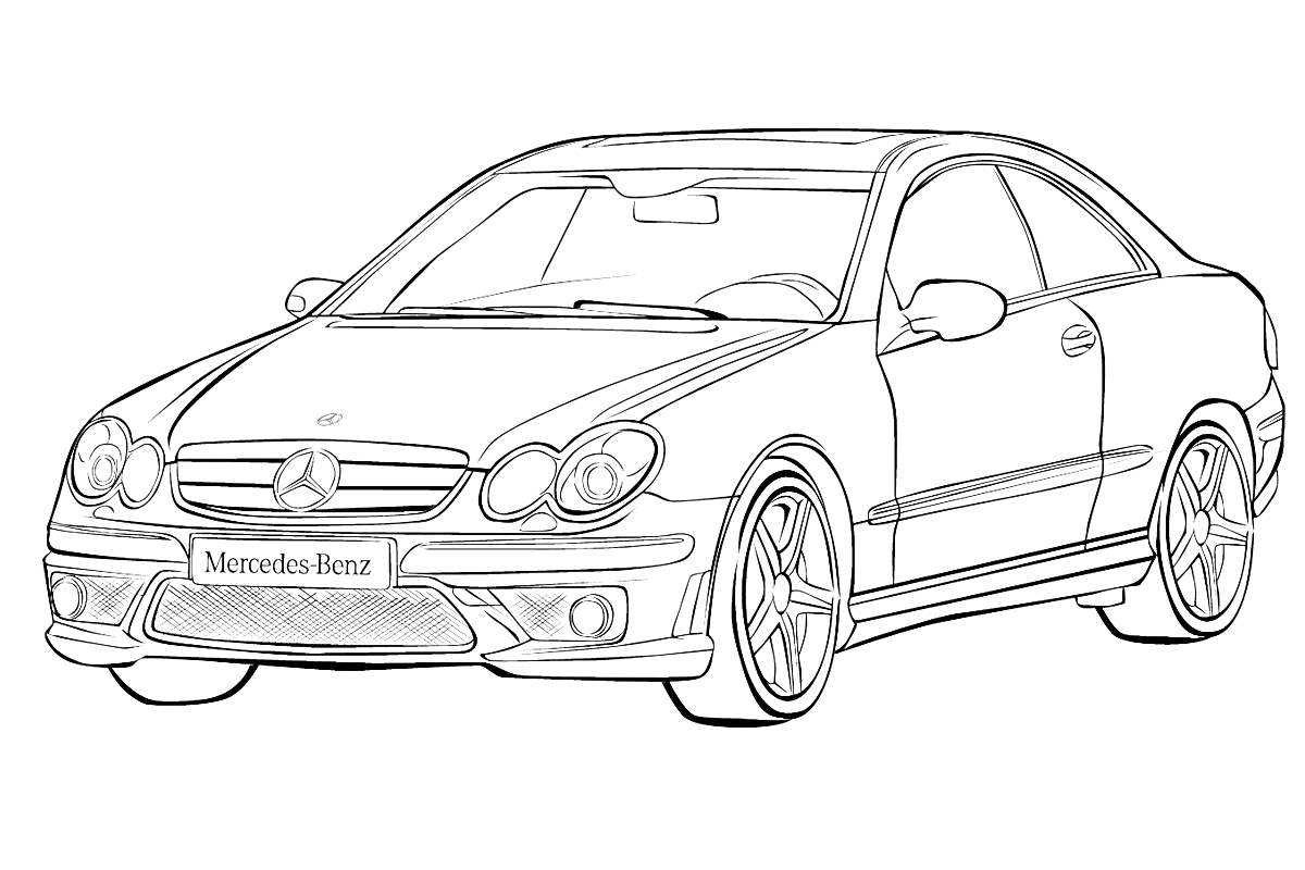 Раскраска Легковой автомобиль Mercedes-Benz с четырьмя дверями и четырьмя колесами