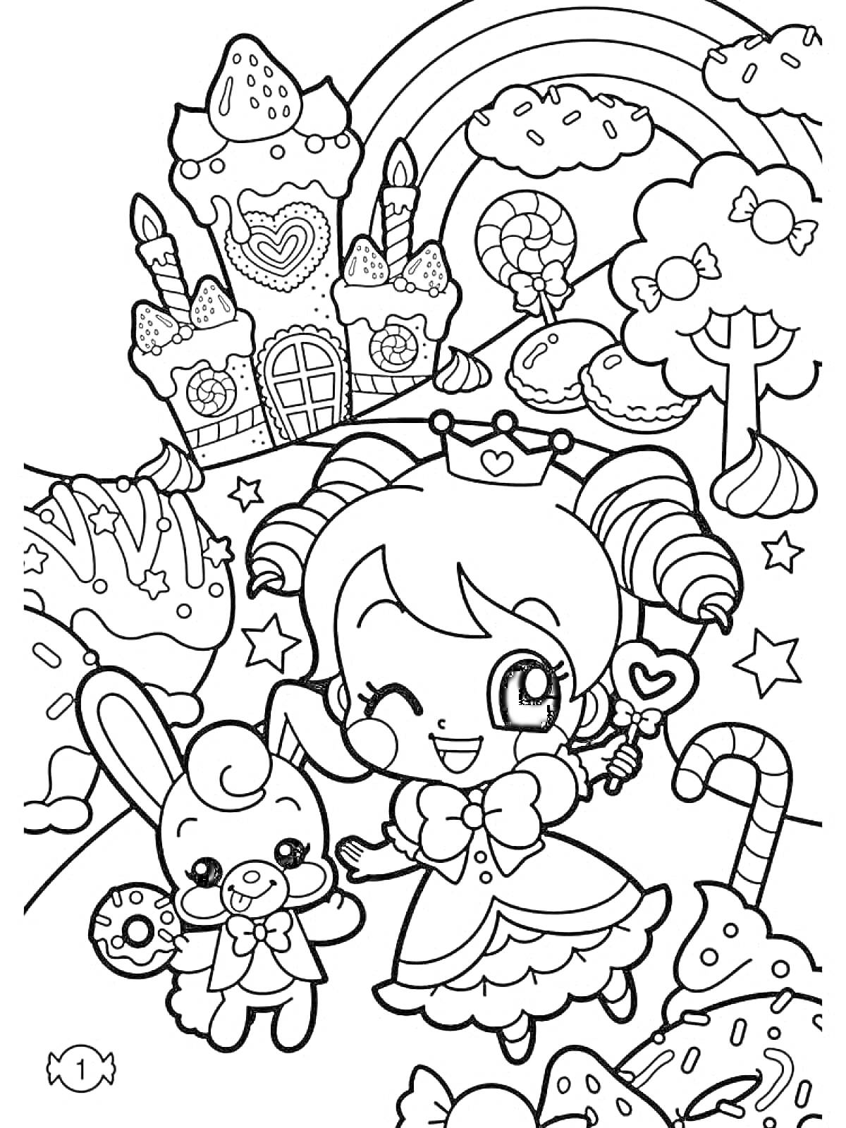 Раскраска Девочка с кроликом на фоне замка, радуги, облаков, конфетного дерева, звезд, леденцов и конфет