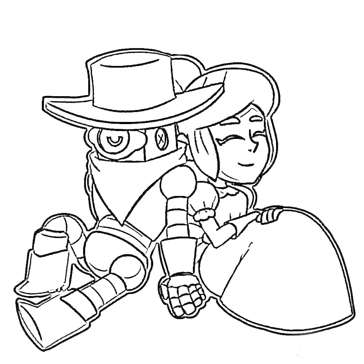 Раскраска Робот в ковбойской шляпе и маске, сидящий рядом с девушкой в платье, оба персонажа улыбаются.