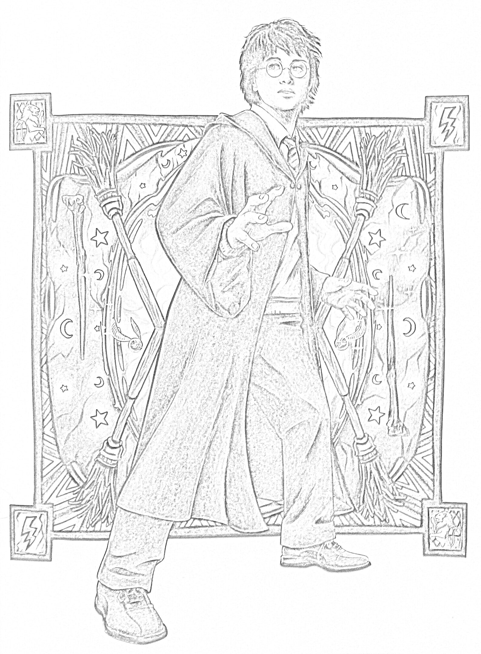 Раскраска Гарри Поттер в мантии, на фоне рамки с волшебными узорами, включая звезды, луны и метлы