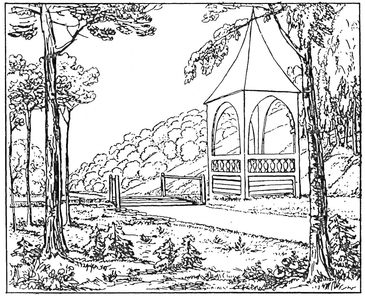 Раскраска Беседка в лесу рядом с дорогой и забором на фоне холмов