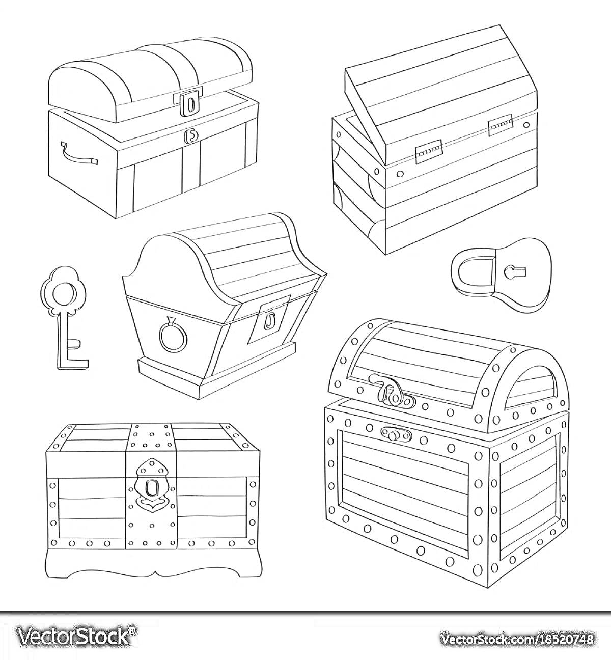 Раскраска Шкатулки, замок и ключ