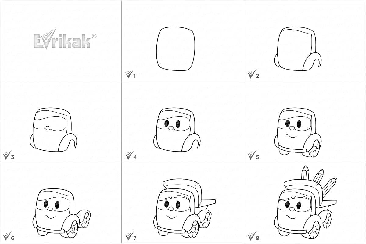 На раскраске изображено: Грузовичок Лева, Шаги рисования, Транспорт