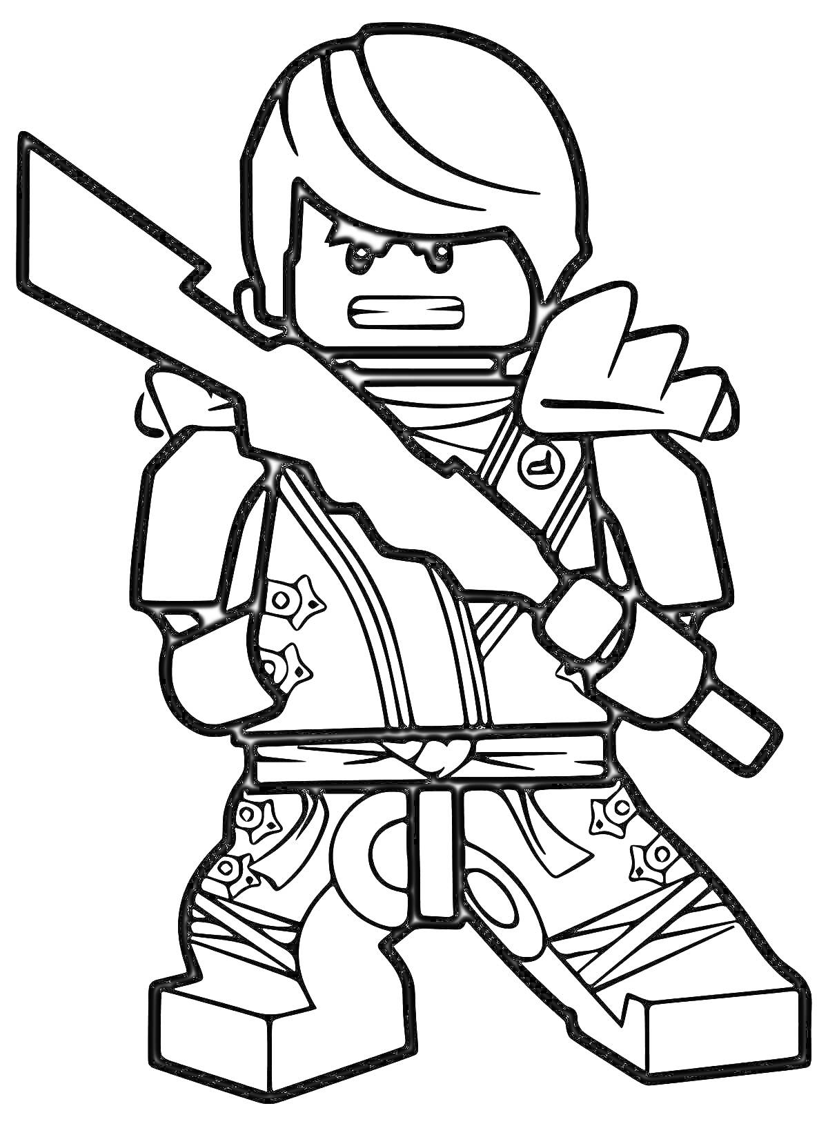 Раскраска Лего-ниндзя с мечом и сюрикенами