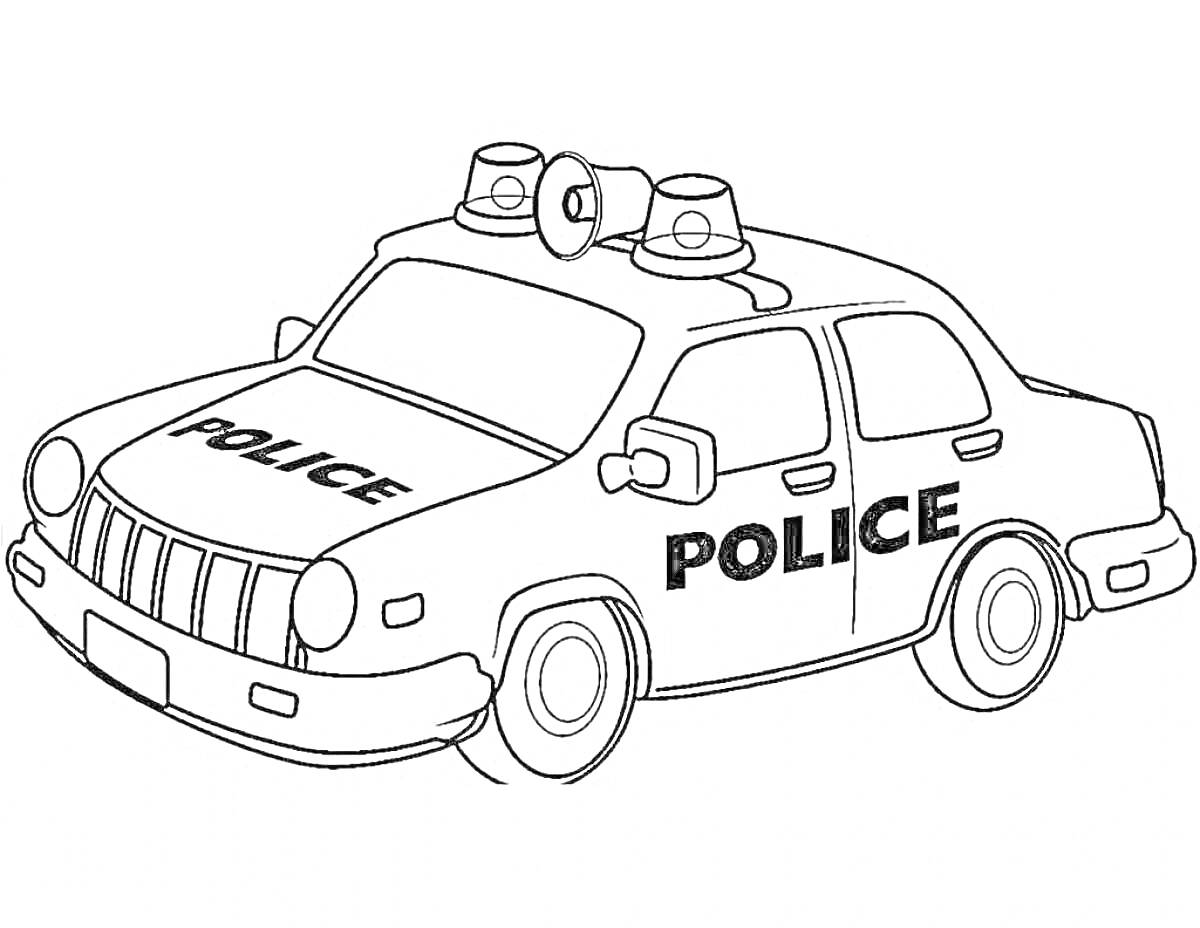 На раскраске изображено: Полицейская машина, Полиция, Мигалки, Раскрашивание, Транспорт, Дверь, Авто, Для детей