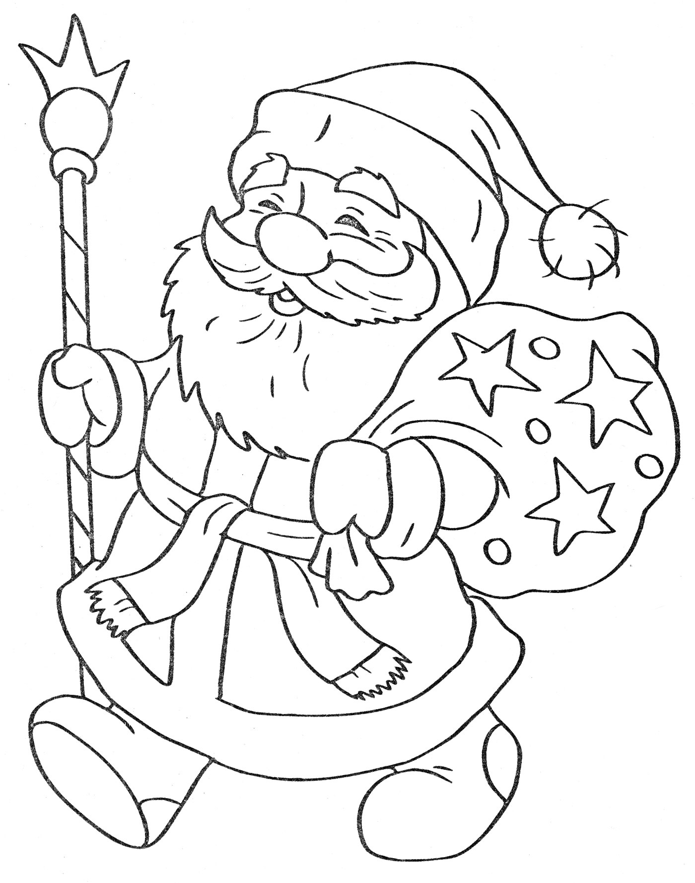 Раскраска Дед Мороз с посохом и мешком с подарками