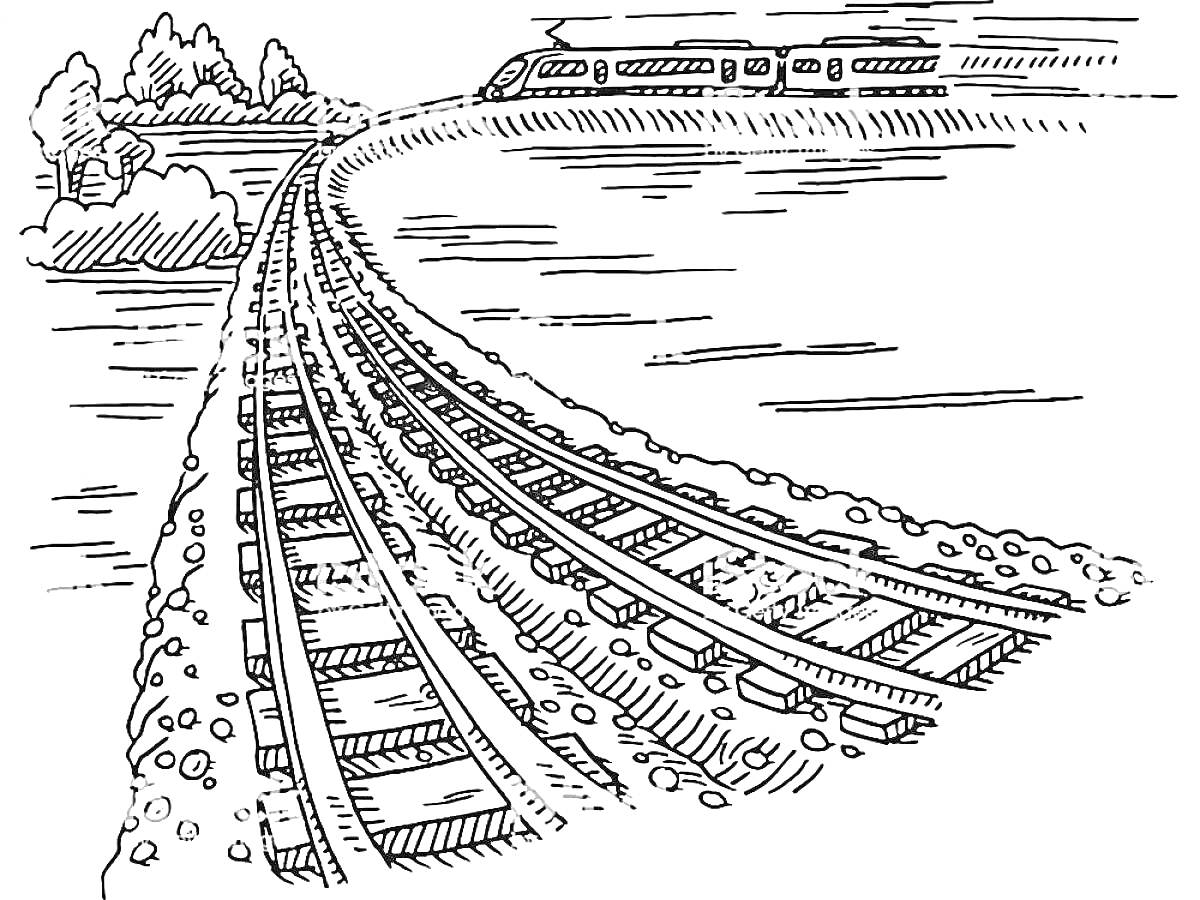 На раскраске изображено: Поезд, Железная дорога, Рельсы, Поворот, Деревья, Ландшафт, Природа, Контурные рисунки