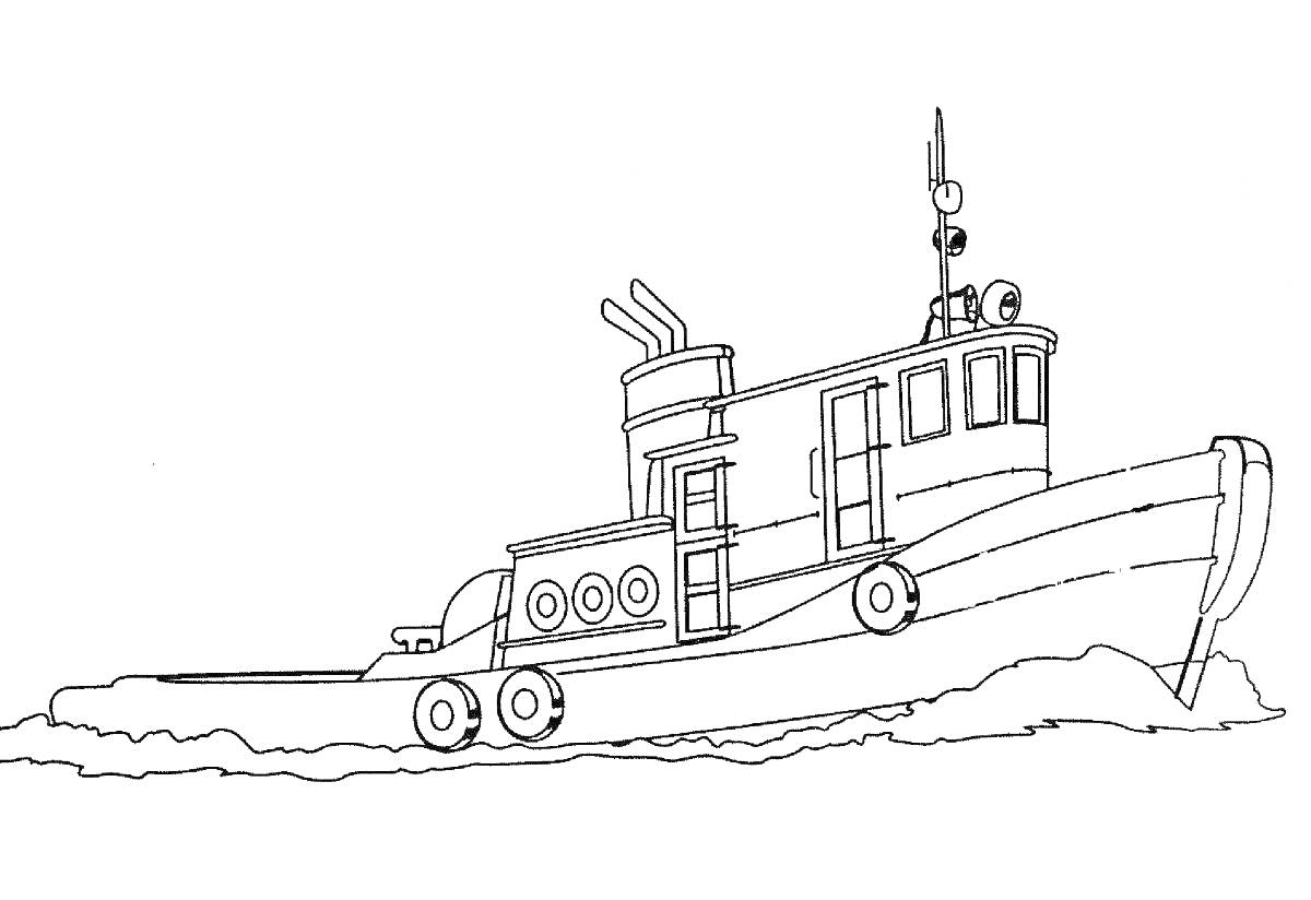 На раскраске изображено: Лодка, Тягач, Вода, Транспорт, Труба, Иллюминаторы