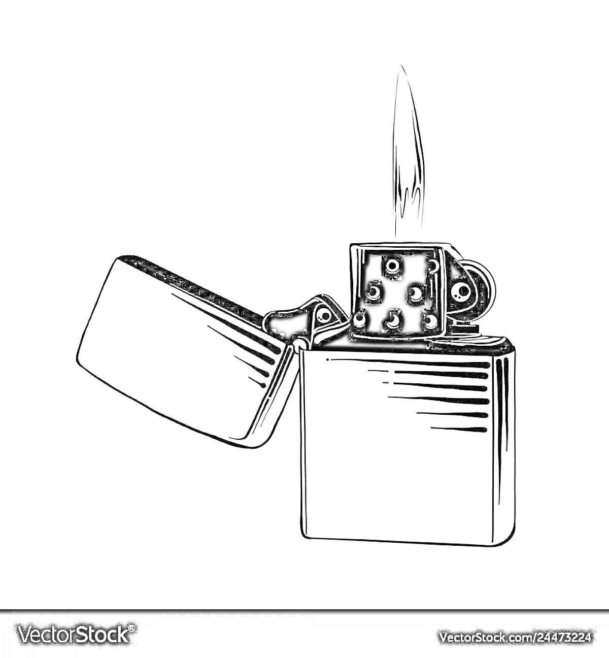 Раскраска Зажигалка с открытой крышкой и горящим пламенем