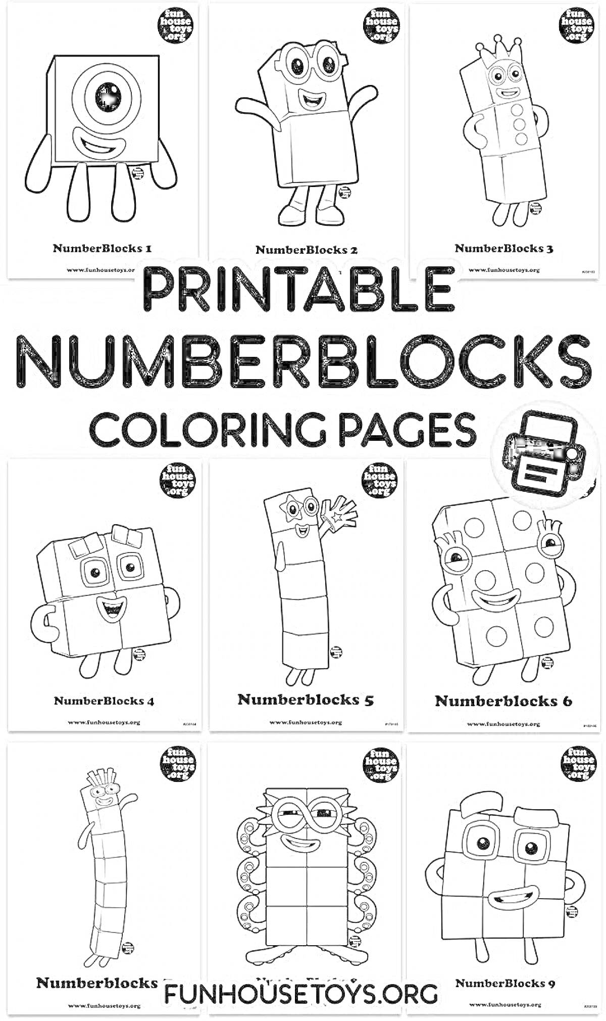 Раскраска Раскраски Numberblocks 1-9, каждый блок содержит соответствующую цифру и лицо: Numberblocks 1 с одним глазом, Numberblocks 2 с руками вверх, Numberblocks 3 с короной, Numberblocks 4 с руками вверх, Numberblocks 5 с одной рукой вверх, Numberblocks 6 улыбаю