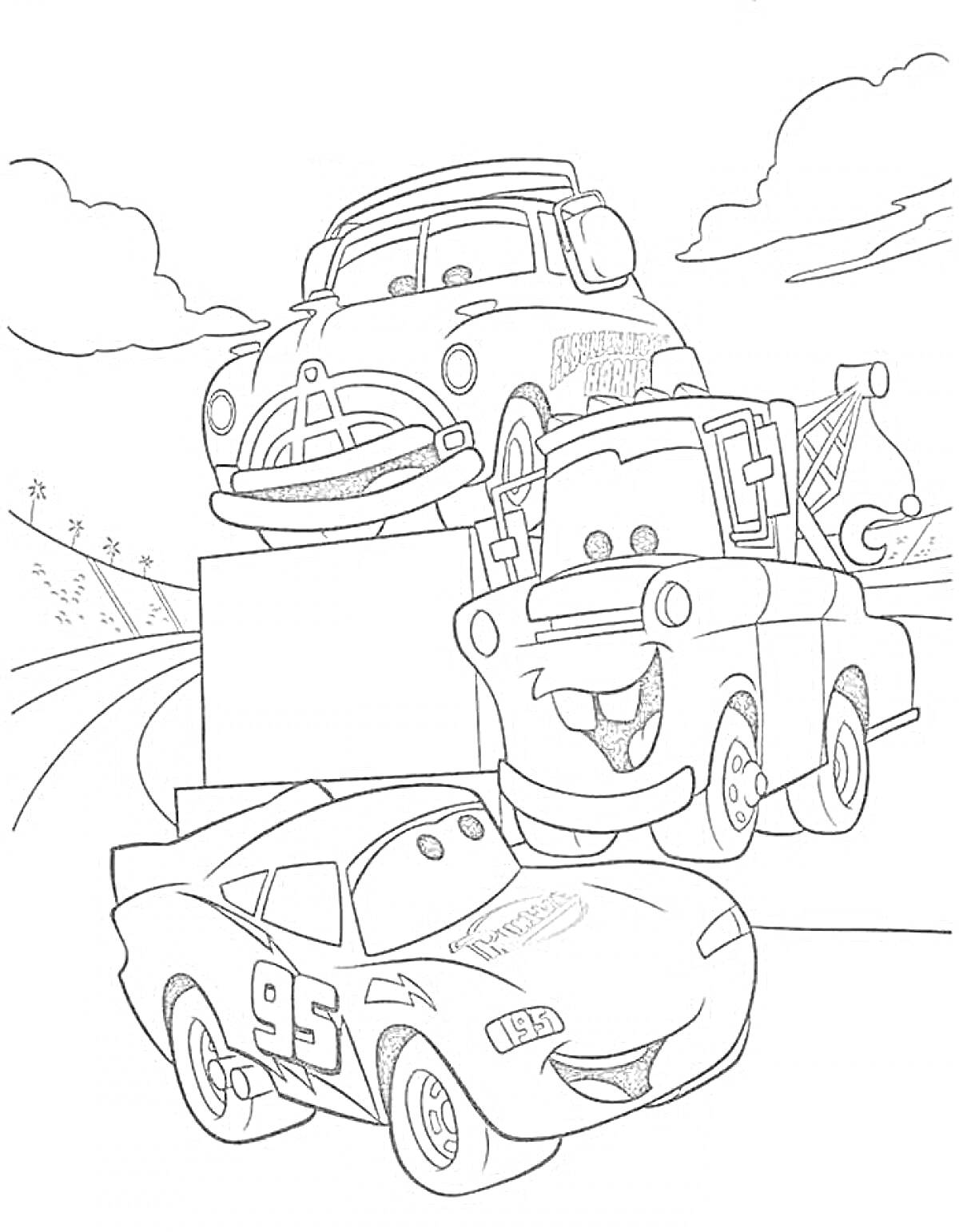 Раскраска Три машинки на трассе, с номером 95, кузовщиком и грузовиком