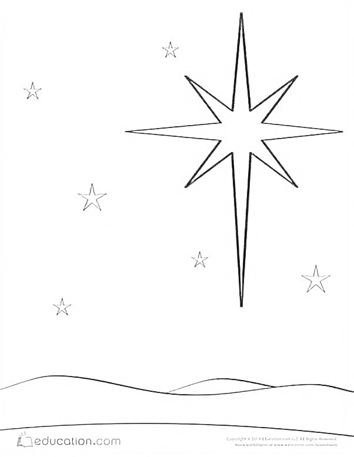 Раскраска Вифлеемская звезда с другими звездами на фоне и холмами внизу