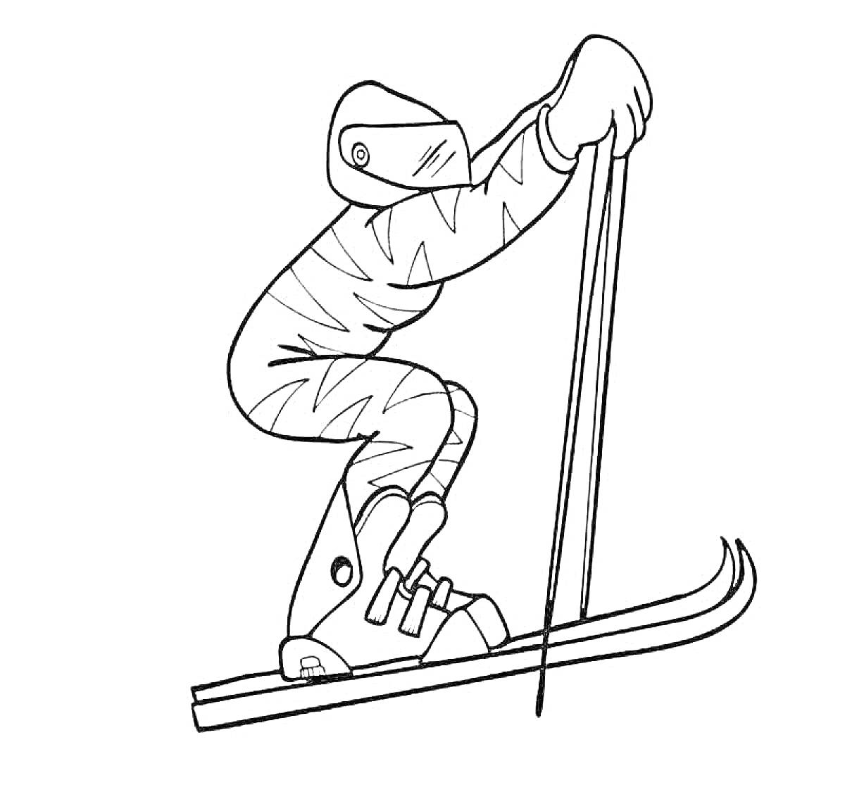 На раскраске изображено: Лыжник, Лыжи, Палки, Защитный костюм, Спорт, Зима, Экипировка, Активный отдых, Шлемы
