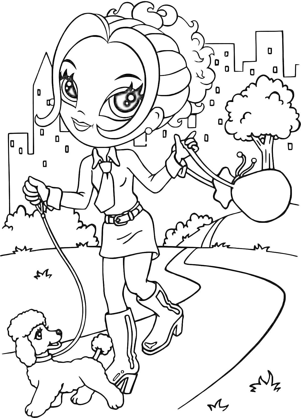 Раскраска Девочка с собачкой на прогулке в парке (городской фон, деревья, лужайка)