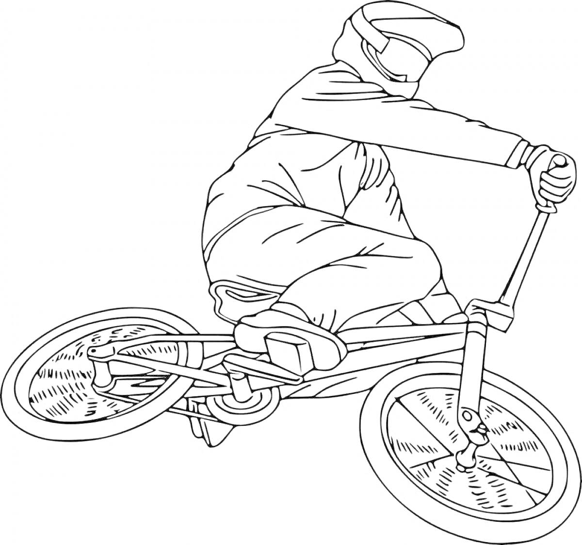 На раскраске изображено: BMX, Велосипед, Гонщик, Защитная одежда, Экстремальный спорт, Езда на велосипеде, Трюки