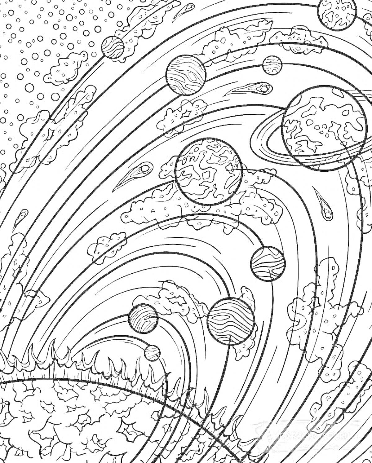 На раскраске изображено: Вселенная, Космос, Планеты, Астероиды, Облака, Звезды, Кольцо, Комета