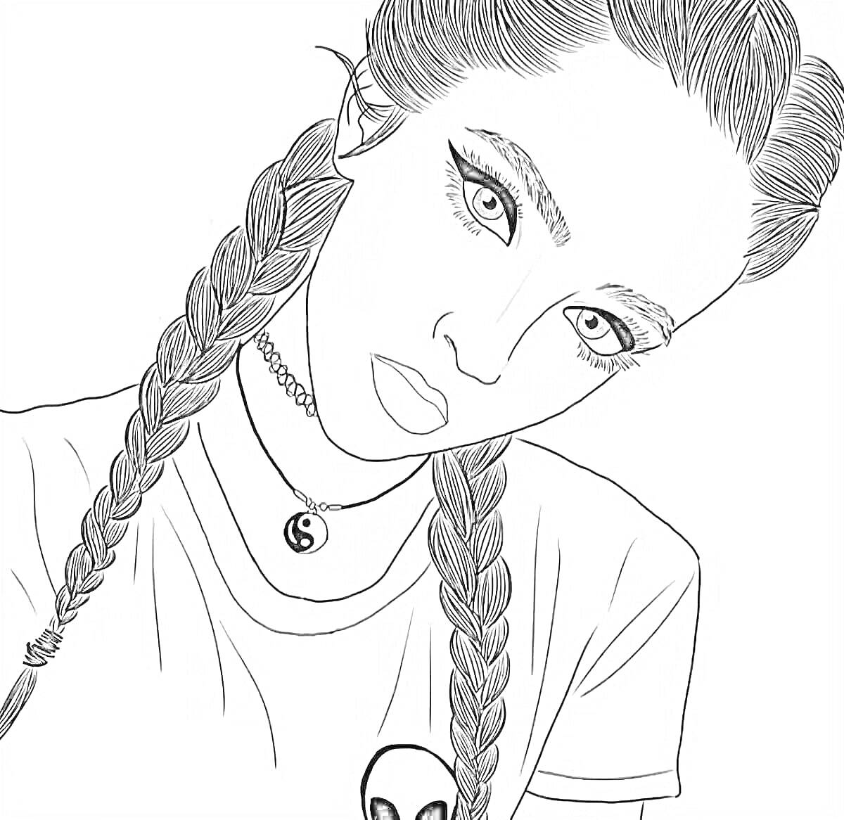 Раскраска Девушка с двойными косами, в футболке с изображением инопланетянина, кулоном Инь-янь и ожерельем