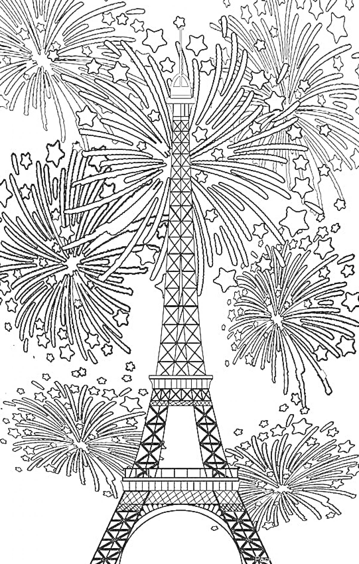На раскраске изображено: Салют, Эйфелева башня, Париж, Ночь, Звезды, Архитектура, Франция, Фейерверки