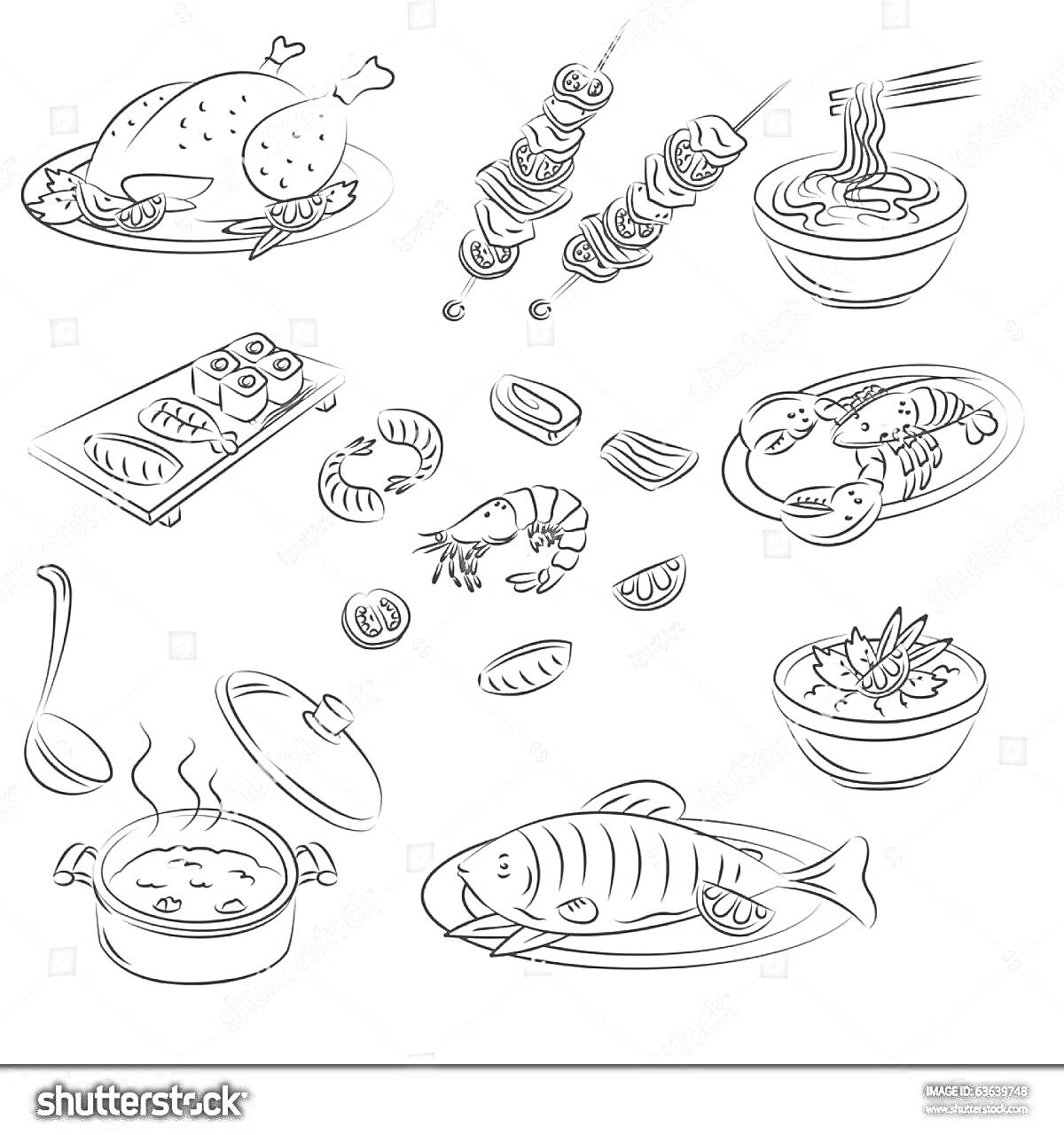 На раскраске изображено: Рыба, Морепродукты, Креветки, Лобстер, Суши, Зелень, Шашлык
