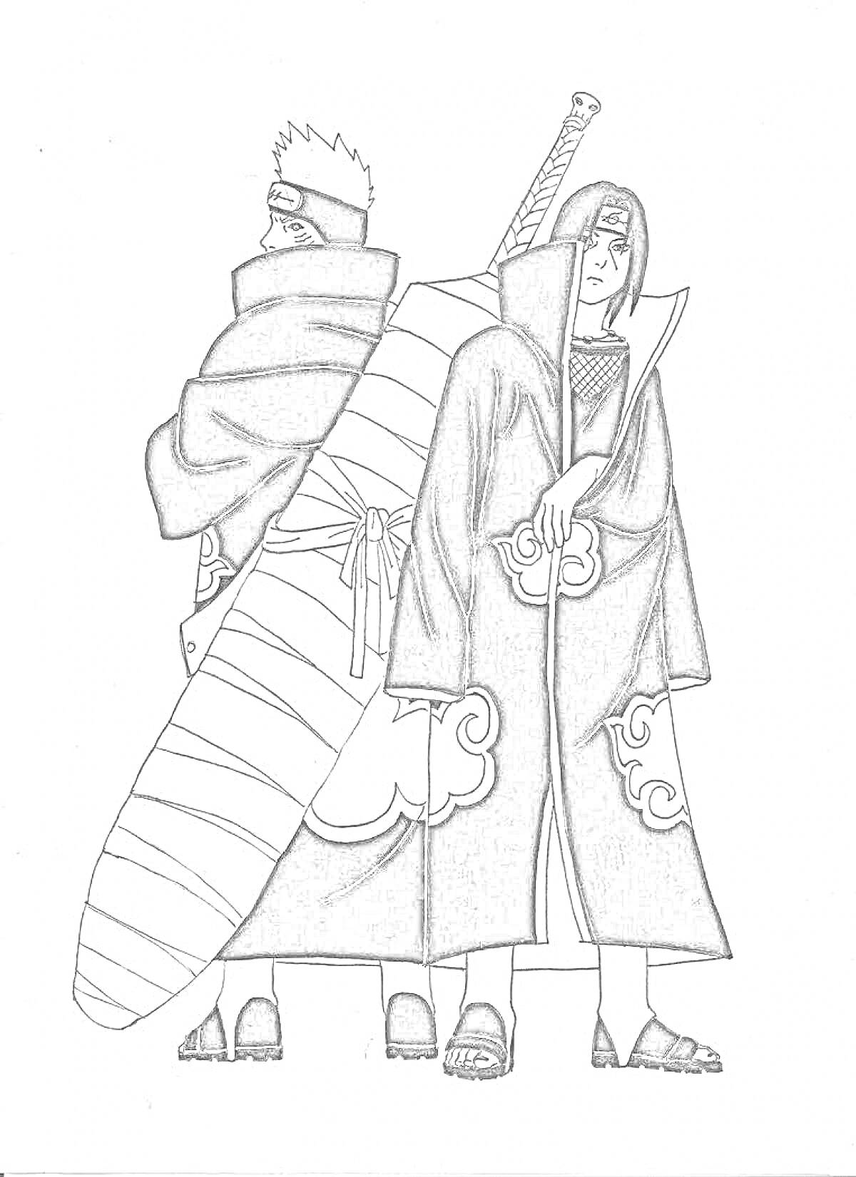 Раскраска Двое персонажей в длинных плащах с капюшонами, один из которых держит меч, оба стоят спиной друг к другу