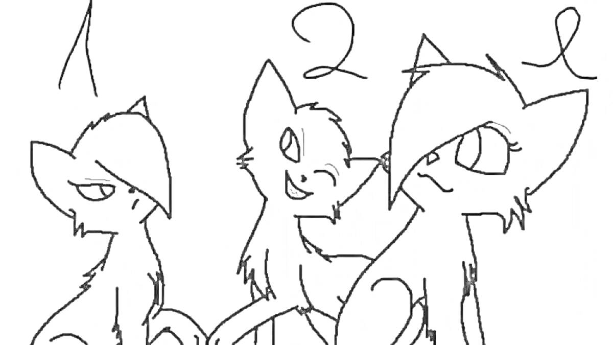 Раскраска Три кошки с челкой под номерами 1, 2 и 3