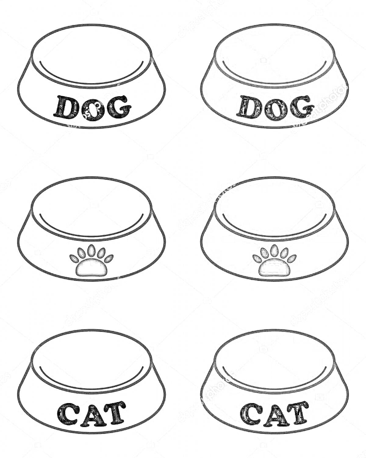 Раскраска Миски для собак и кошек с надписями 