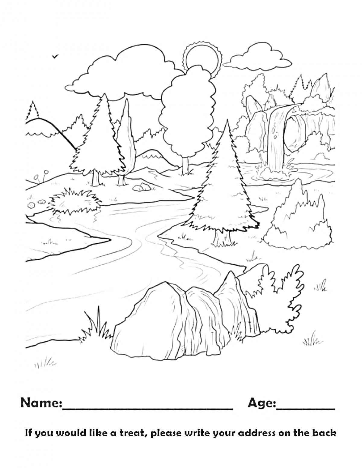 На раскраске изображено: Пейзаж, Природа, Деревья, Водопад, Река, Скалы, Кусты, Облака, Птица, Линия горизонта, Для детей, 6-7 лет