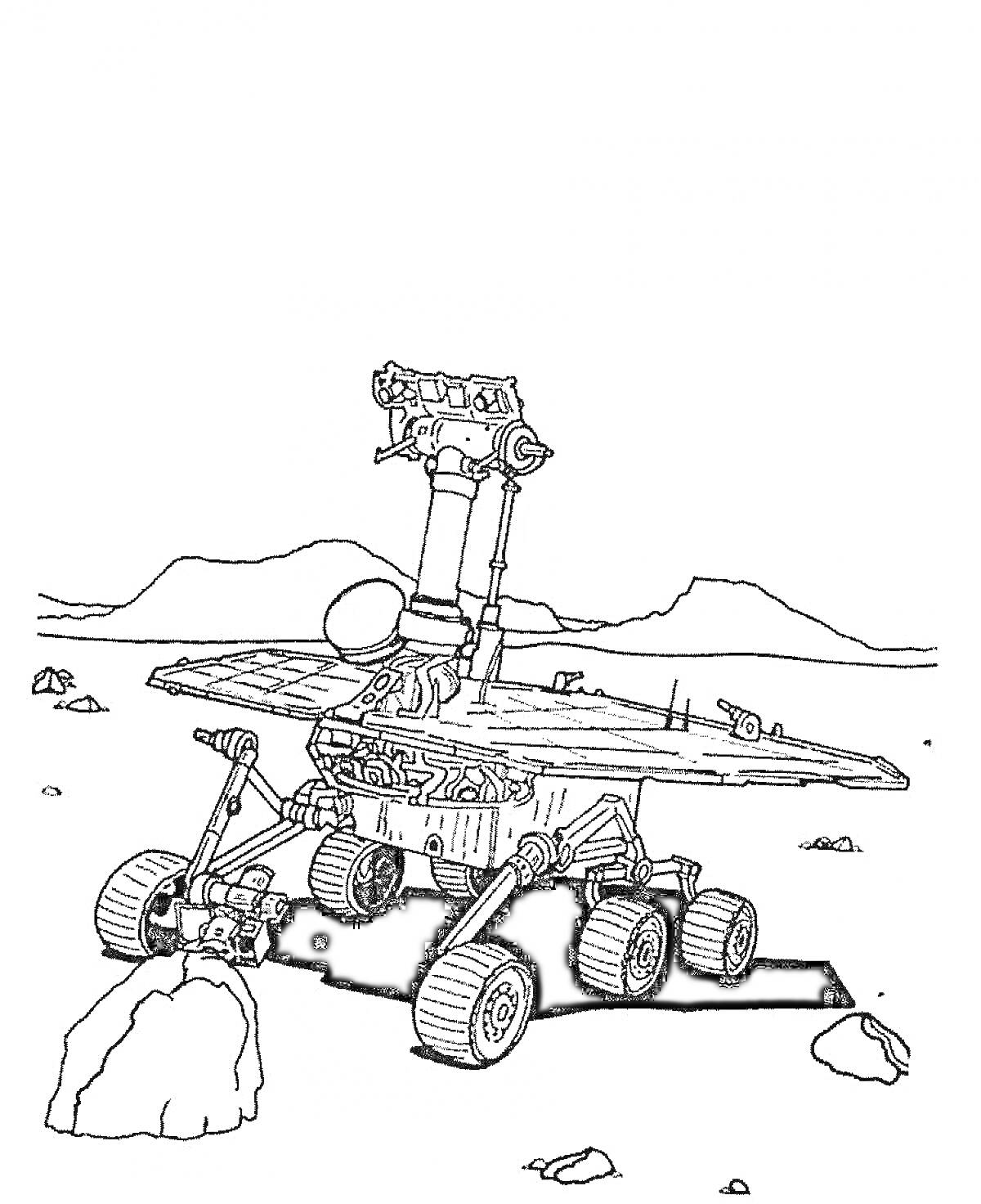 Раскраска Луноход на поверхности с антеннами и панелями, горы на заднем плане, камни спереди.