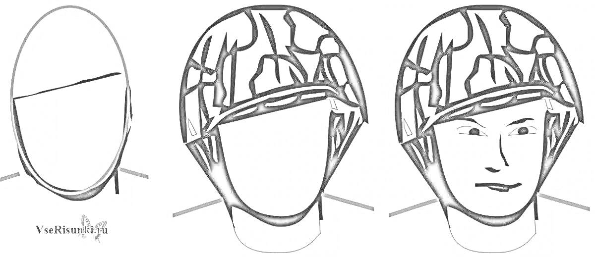Раскраска Лицо солдата в каске, этапы прорисовки от контуров до полностью прорисованного лица