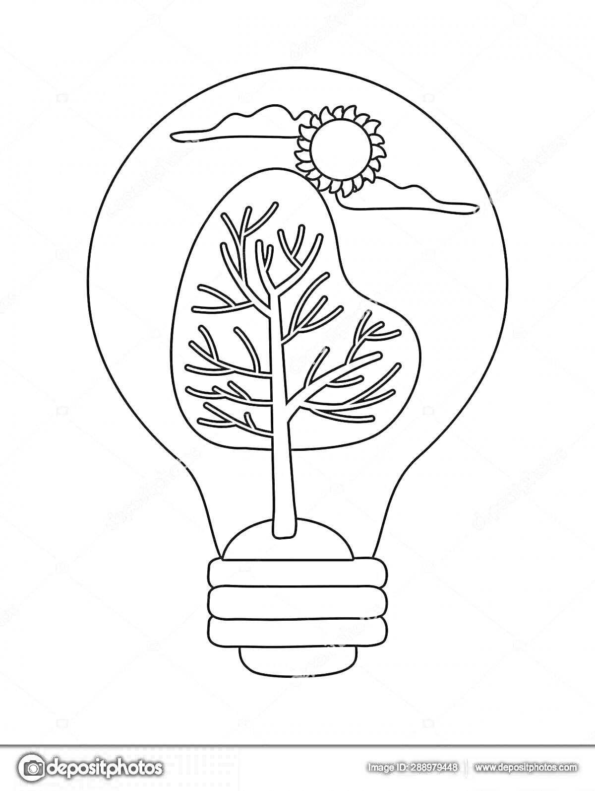 На раскраске изображено: Лампа, Электричество, Солнце, Природа, Обучение, Творчество