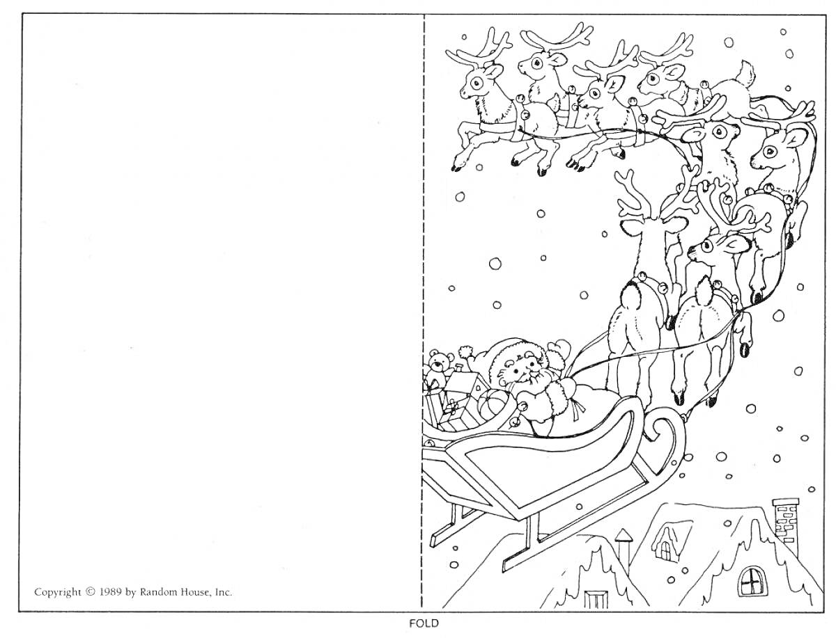 Раскраска Санта-Клаус в санях с подарками и запряженными оленями на фоне ночного зимнего неба и домов
