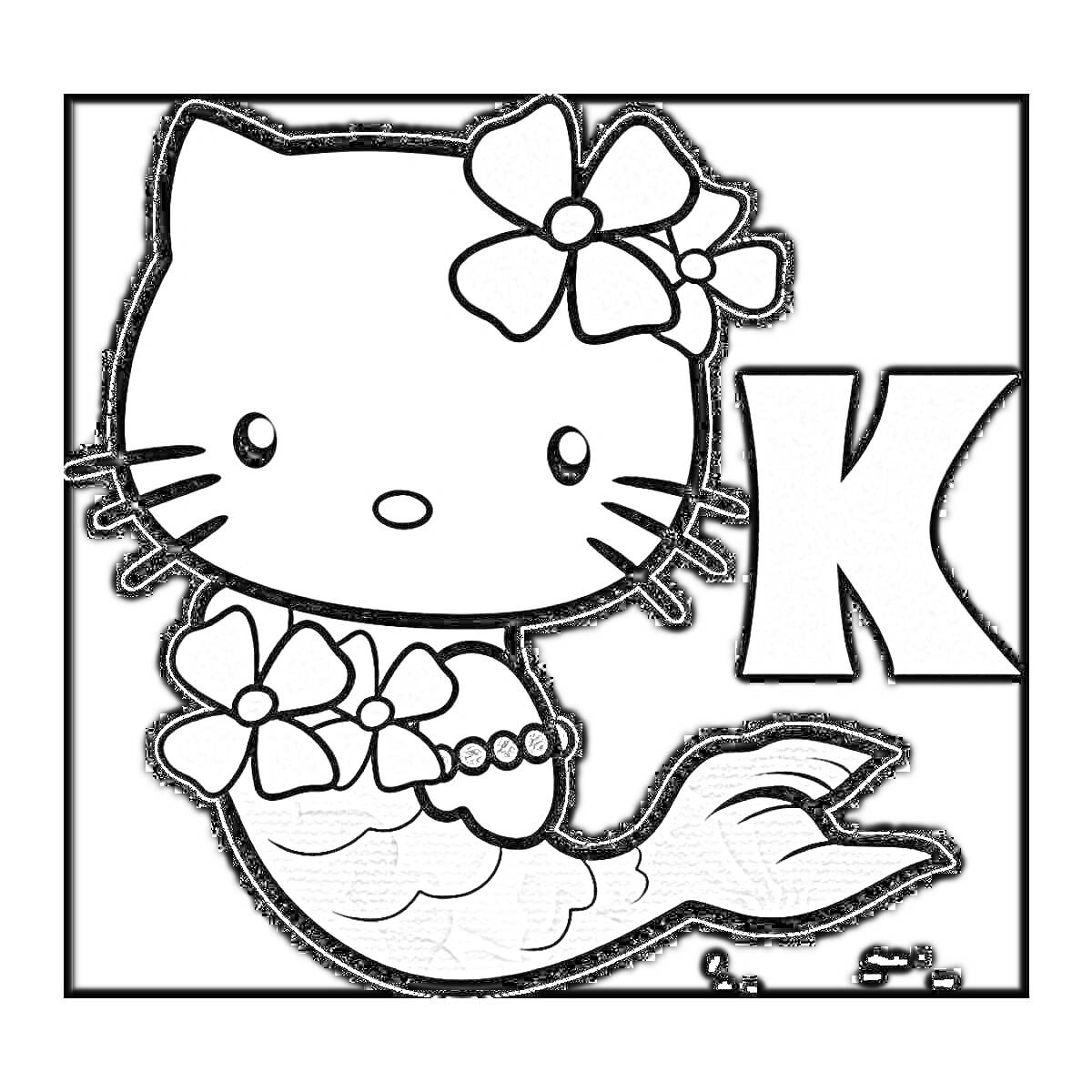 Раскраска Китти с цветами на голове и гирляндой, в виде русалки с буквой K.