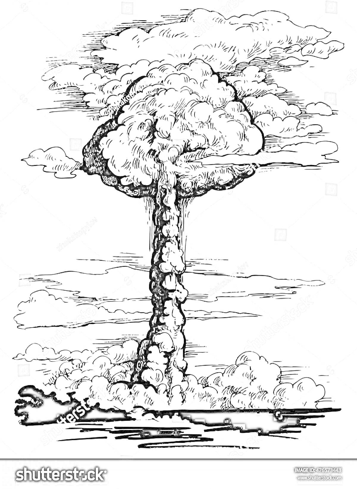 Раскраска Ядерный взрыв с облаком-грибом на фоне неба