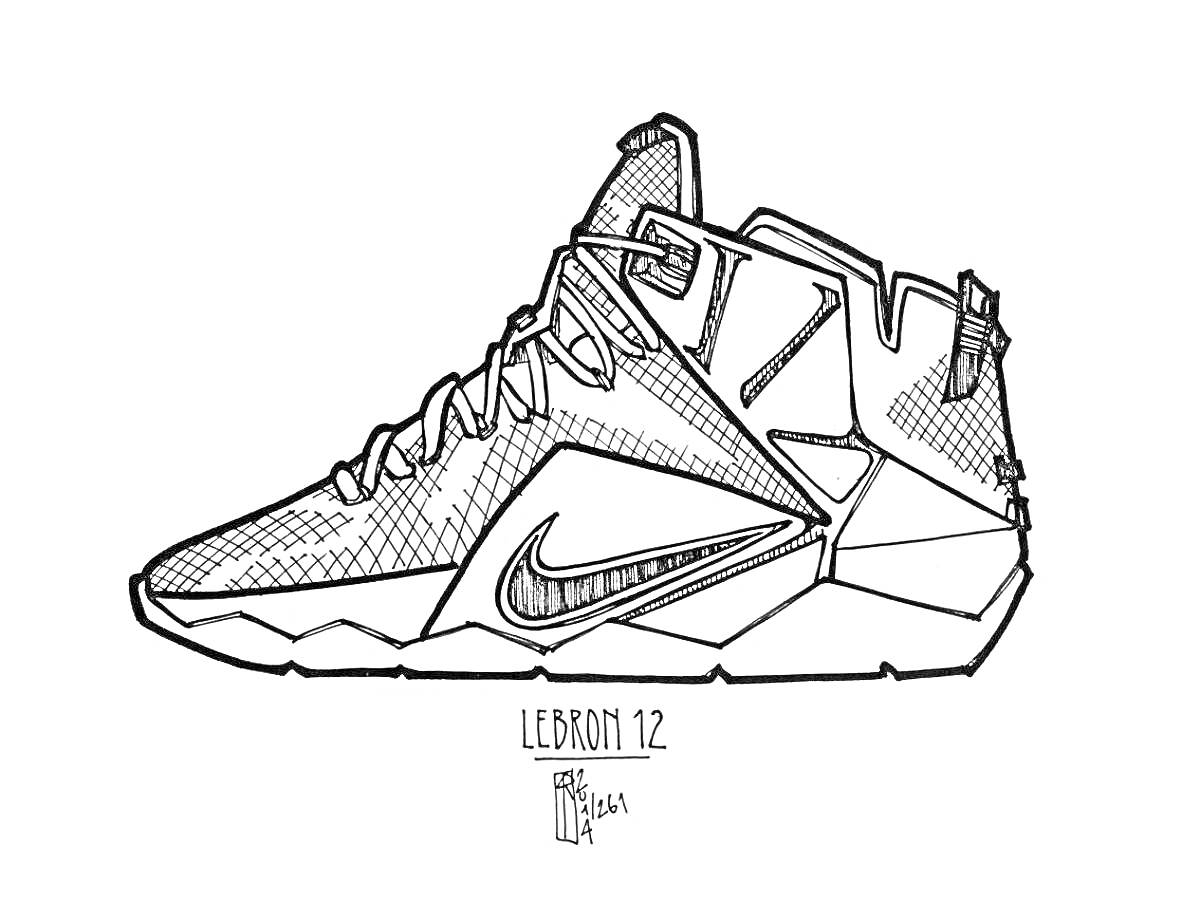 Раскраска Кроссовок Nike LeBron 12 с шнуровкой и логотипом Nike