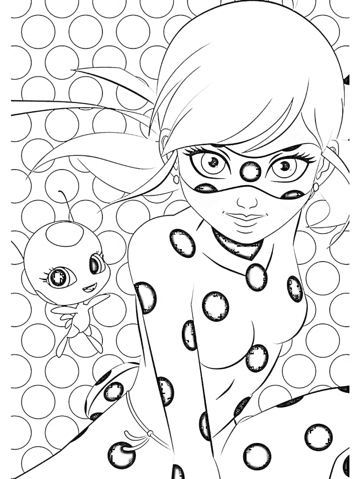 РаскраскаЛеди Баг с маской и точками на костюме на фоне горошков, рядом с ней маленький персонаж с антеннами