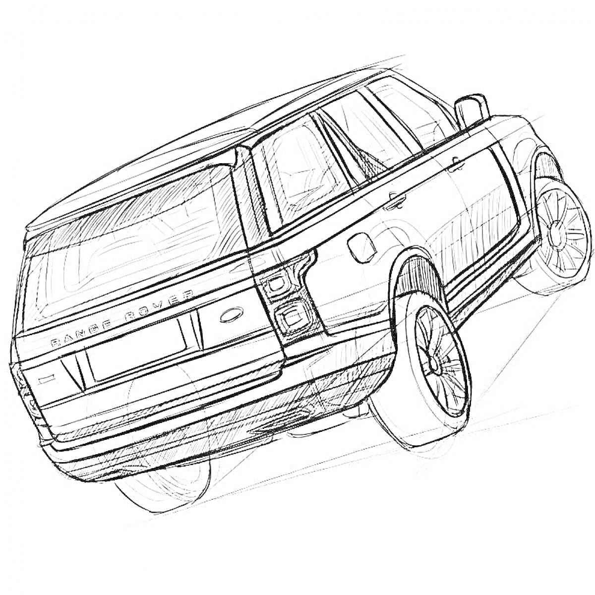 Раскраска Изображение автомобиля Range Rover, вид сзади, с деталями кузова, колесами и логотипом.