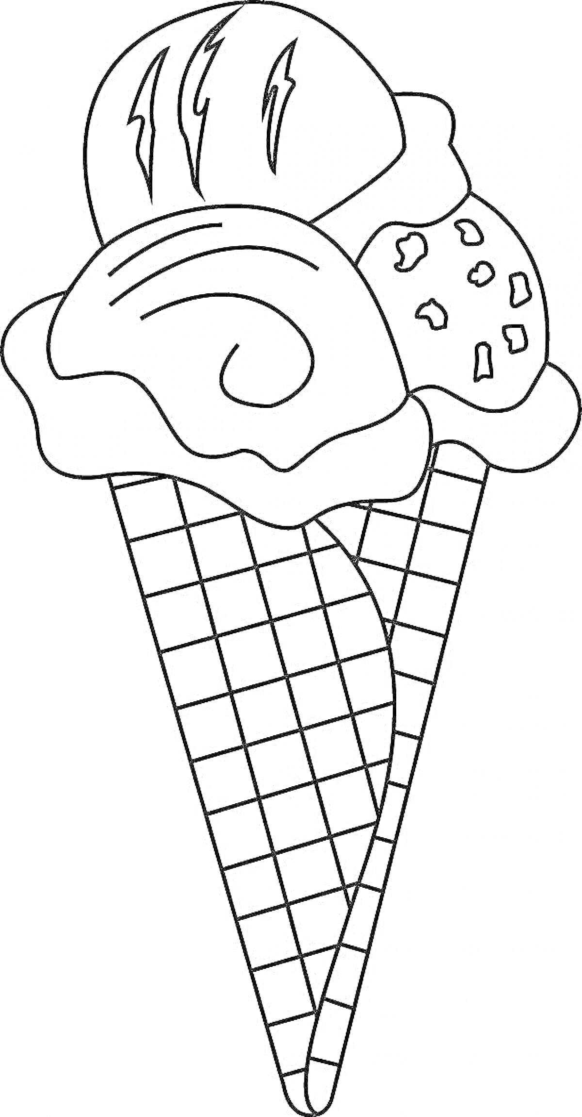 На раскраске изображено: Мороженое, Вафельный рожок, Три шарика, Сладости, Для детей, Десерты, Легкие