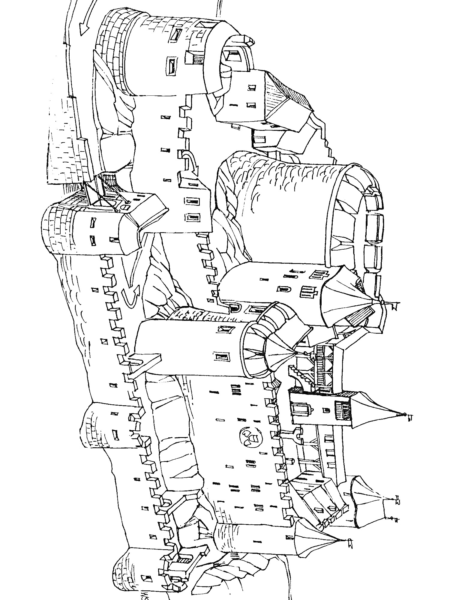 На раскраске изображено: Замок, Средневековье, Башни, Крепость, Архитектура, Иллюстрация, Стена