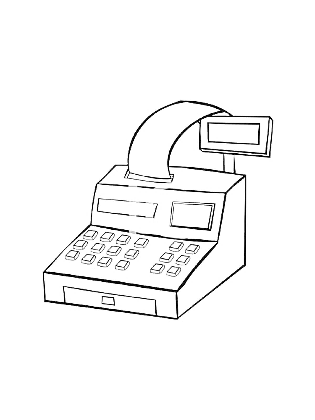 Раскраска Кассовый аппарат с дисплеем, клавиатурой и рулоном бумаги