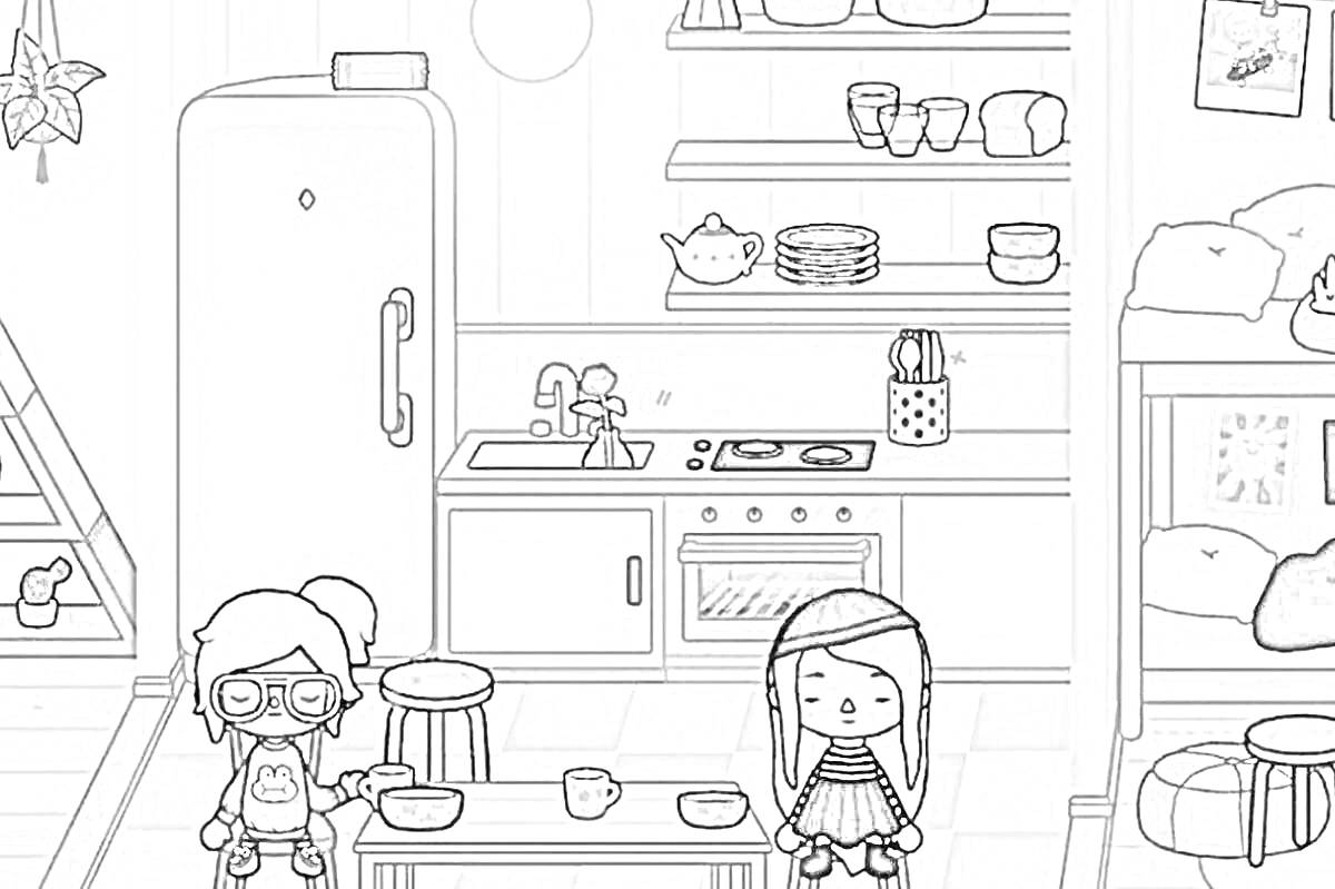 Раскраска Кухня в доме (холодильник, раковина, плита, полки с посудой, стол с чашками, две фигурки)