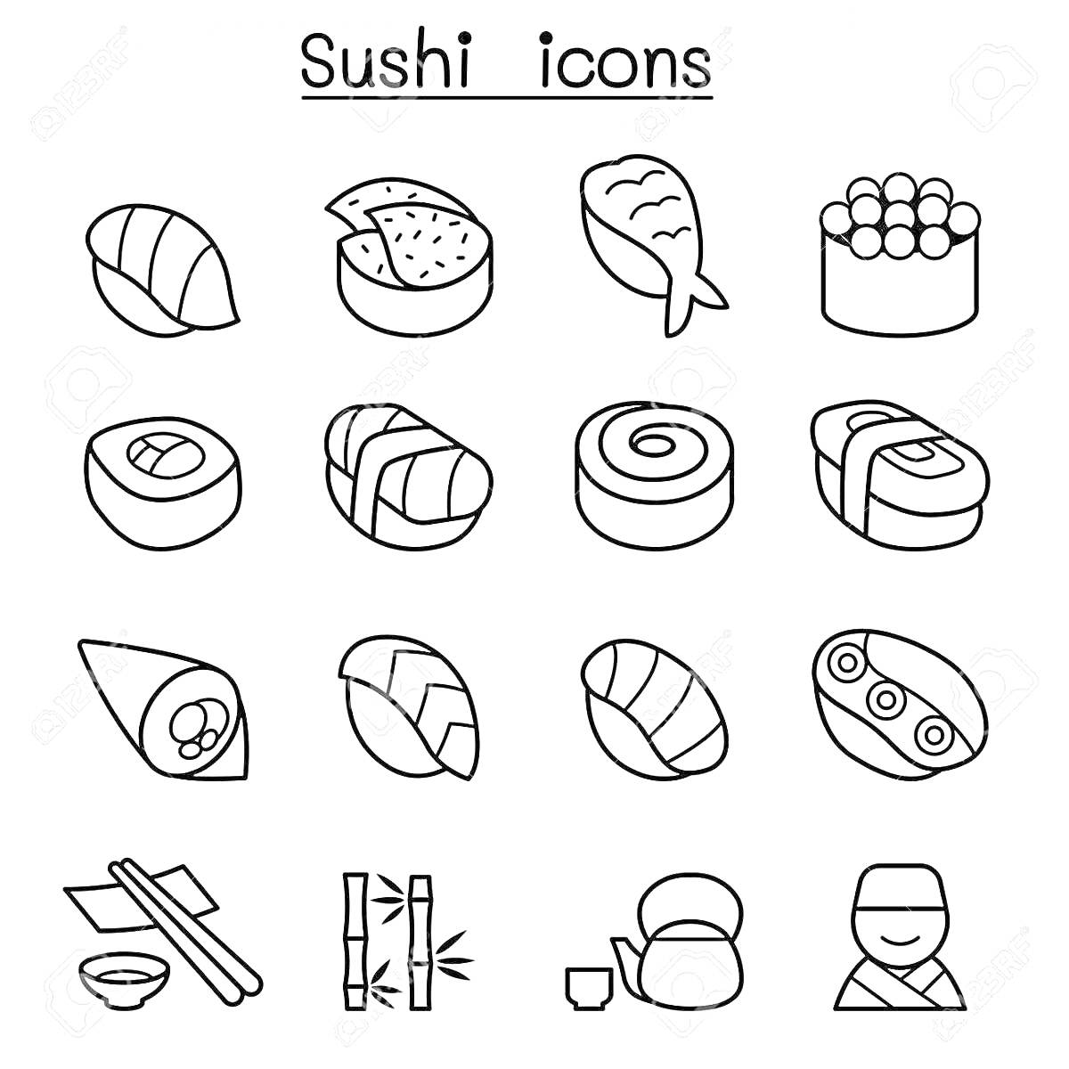 На раскраске изображено: Суши, Роллы, Иконки, Еда, Японская кухня, Палочки для еды