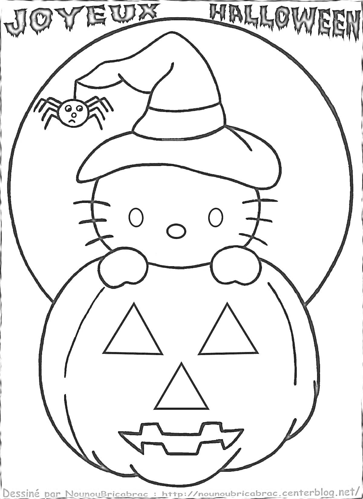 Раскраска Хэллоуин Китти с тыквой-фонариком, паук и шляпа ведьмы